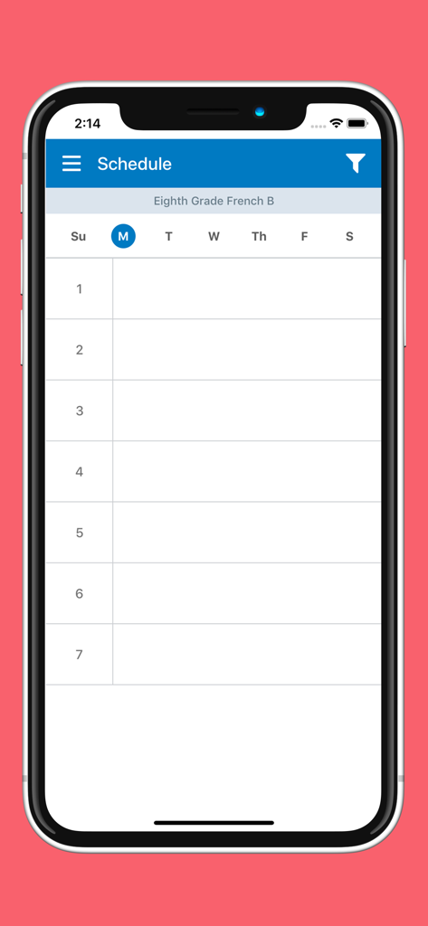eSchool Gradebook - Weekly class schedule view for teachers in the eSchool Gradebook mobile app