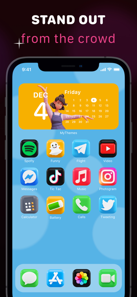 Themes Widgets Icon, Screen 14 - Customized iPhone home screen with 3D app icons and a yellow calendar widget