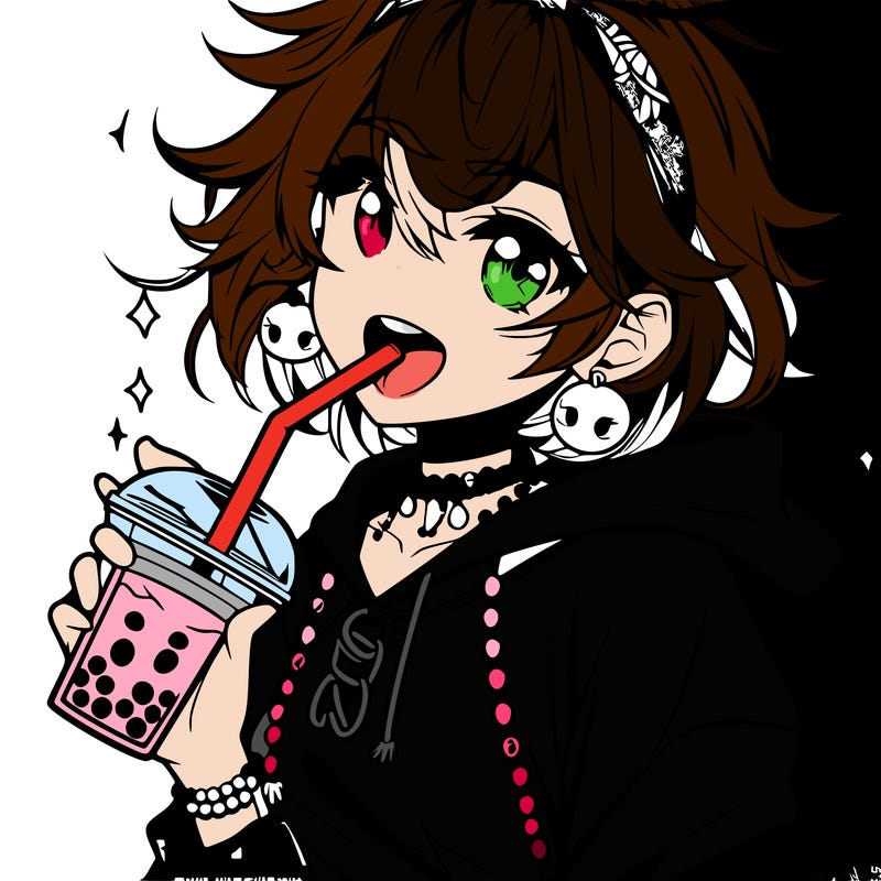 hot baddie anime girl drinking boba and biting the straw