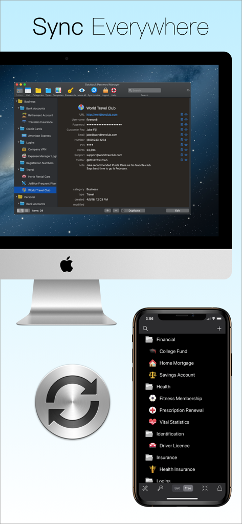 Password Manager Data Vault - DataVault Password Manager showing synchronization between a Mac desktop and an iPhone mobile screen