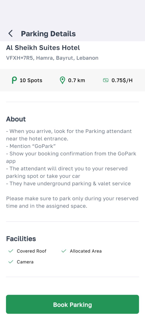 Gopark App - A mobile screen showing parking reservation details for a hotel including price and facilities