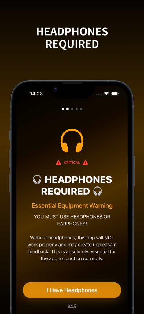 Speech Jammer: Voice Delay App - Pantalla de incorporación de la aplicación Speech Jammer que indica que se requieren auriculares para que el efecto de retraso de voz funcione correctamente