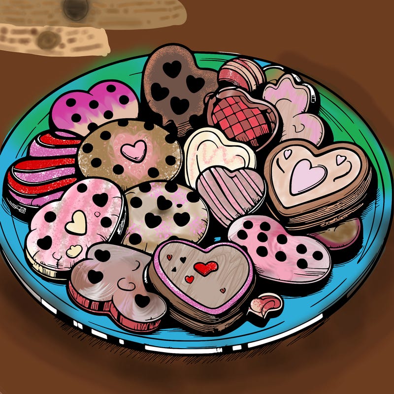 simple drawing. realistic plate of valentines day cookies