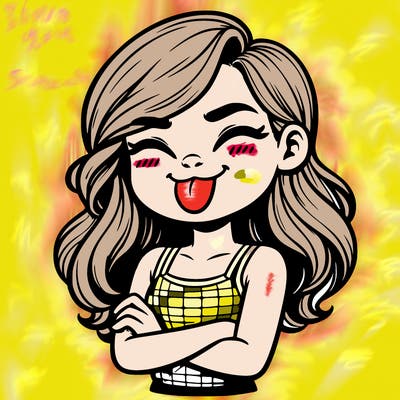 realistic girl crossing her arms and wearing a tank top with her tongue held out she has long hair