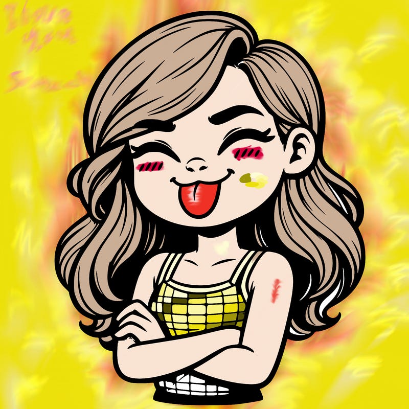 realistic girl crossing her arms and wearing a tank top with her tongue held out she has long hair