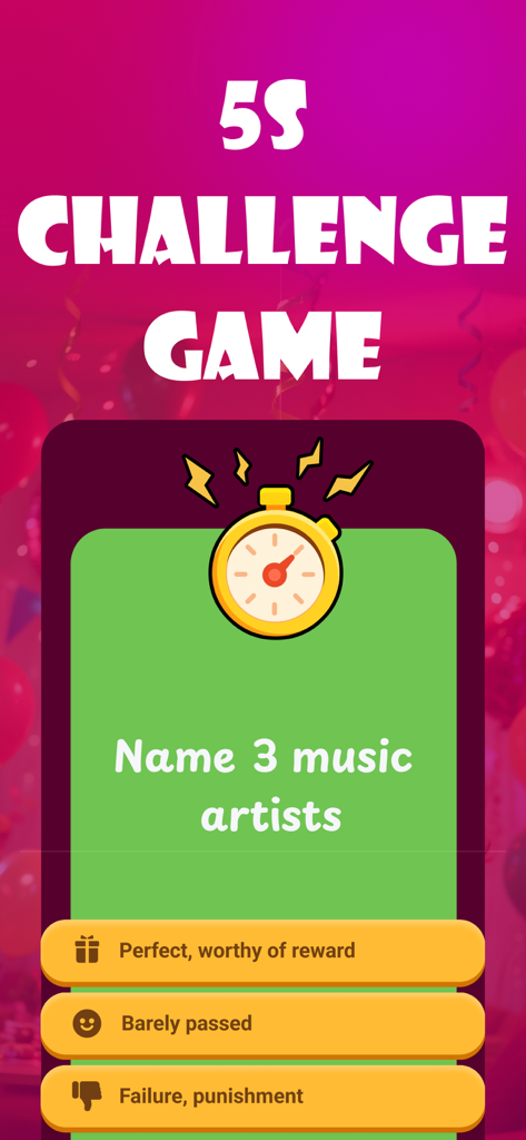 Pantalla de desafío de 5 segundos en una aplicación de juego de fiesta que pide a los jugadores que nombren a tres artistas de música.