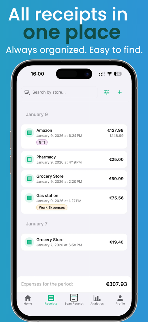 Scanomy mobile app screen displaying a list of digital receipts and tracked expenses