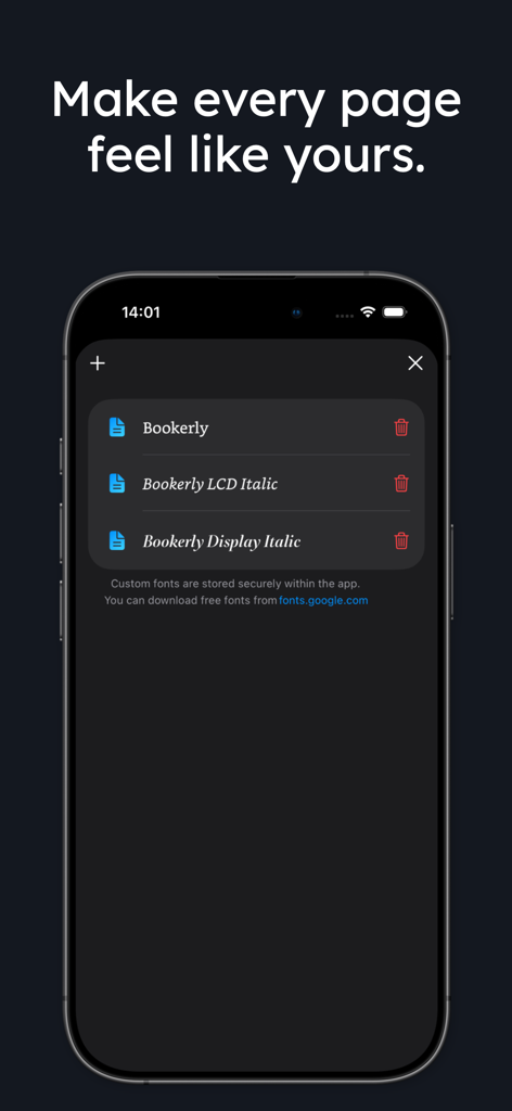 justRead.app: EPUB Reader - An iPhone screenshot of the justRead.app interface showing the custom font management screen with options to view and delete imported Bookerly fonts.