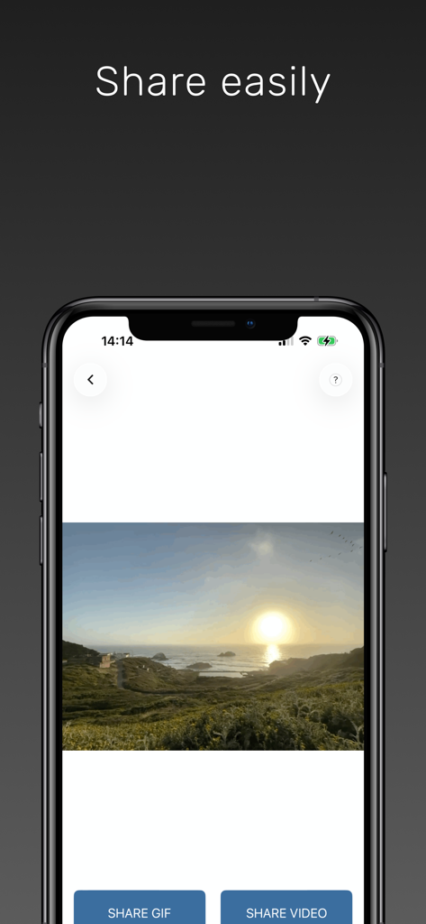 Live GIF - Tela do aplicativo Live GIF mostrando uma foto do pôr do sol com opções para compartilhar como GIF ou vídeo.