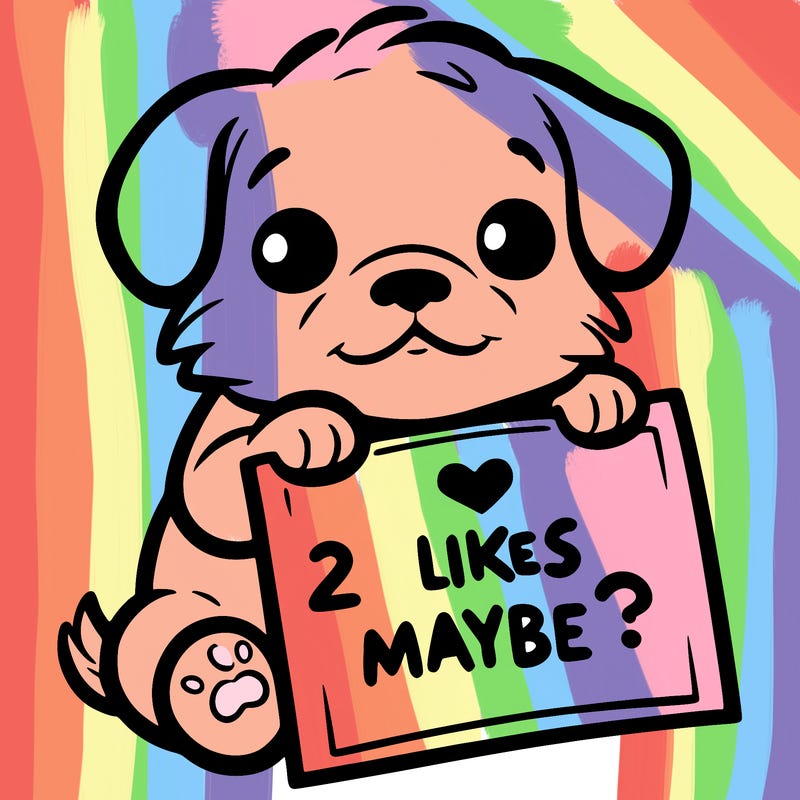 a puppy holding a sign that says 2 likes maybe?