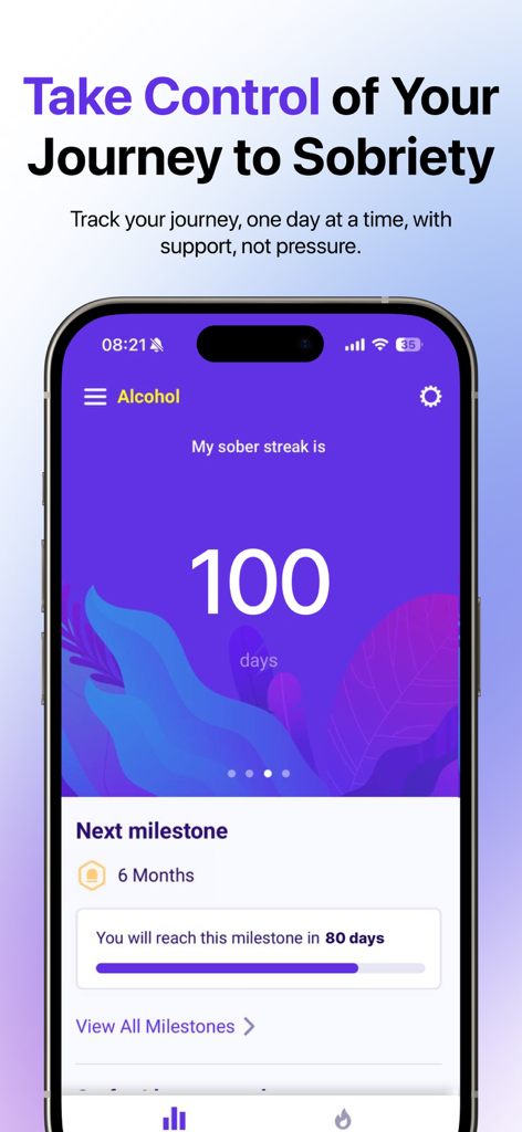 Sobriety Tracker Day Counter - Tela de smartphone exibindo uma sequência de 100 dias sóbrios e próximos marcos no aplicativo Sobriety Tracker.