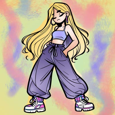 girl in baggy pants crop top and long hair