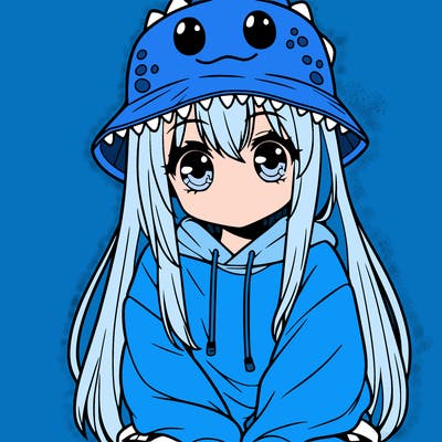 girl with anime shaped eyes with a dinosaur bucket hat oversized sweatshirt long straight hair