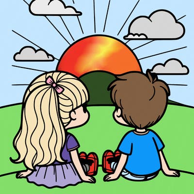 a girl and. boy sitting watching the sun set