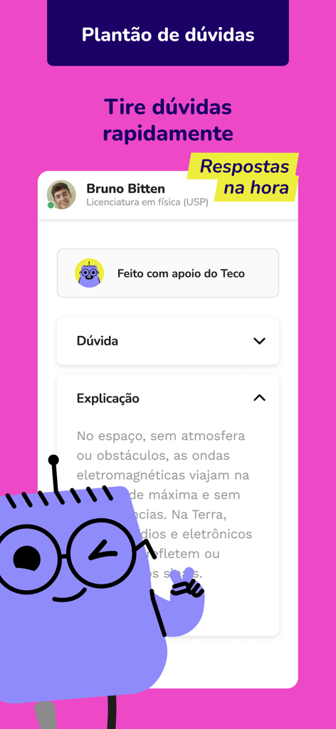 TutorMundi - Interface do aplicativo TutorMundi mostrando o recurso de resolução de dúvidas com suporte de IA e o perfil de um tutor ao vivo.