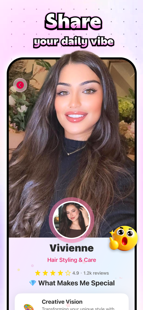 Drevo - Beauty - AI hair styling expert profile on Drevo Beauty app featuring a woman with long brown hair and a high user rating.