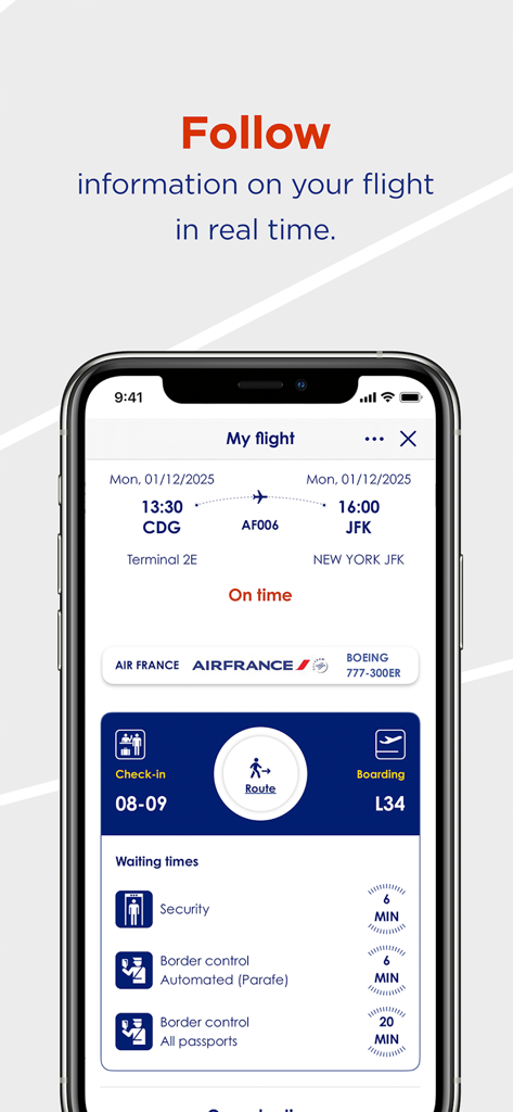 Paris Aéroport – Official - Aplicativo Paris Aeroport mostrando o status do voo em tempo real e os tempos de espera na segurança