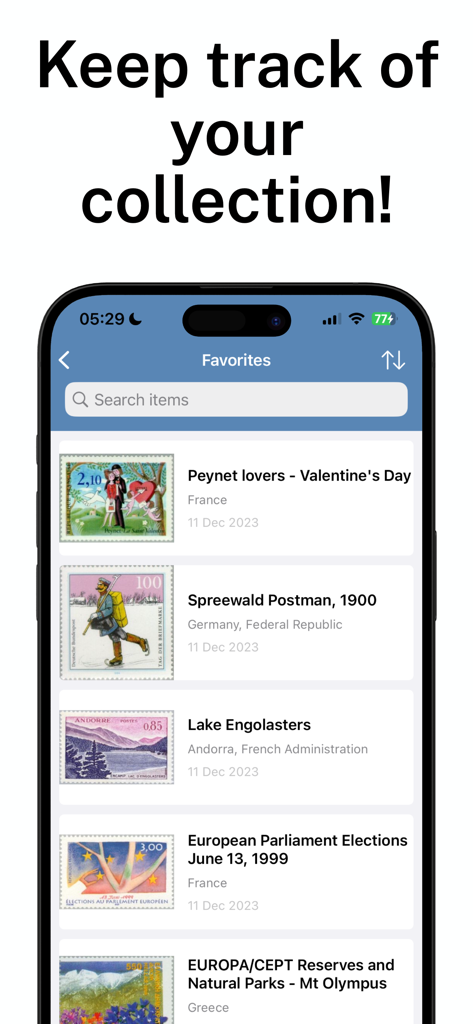 Screenshot of the Stamp Identifier app showing a list of saved favorite stamps in a digital collection