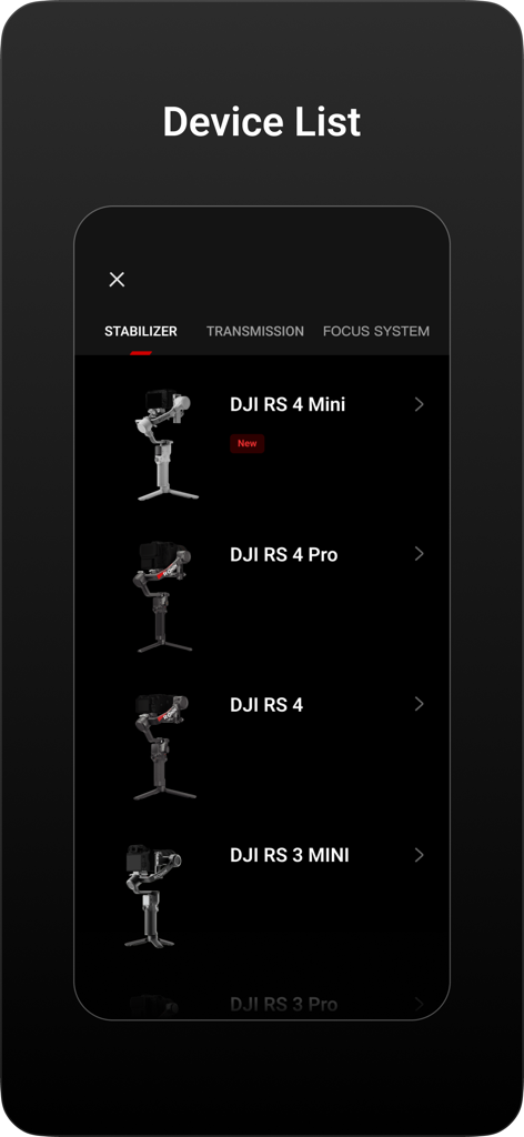 DJI Ronin - Device list screen in the DJI Ronin app showing a selection of DJI RS series stabilizers
