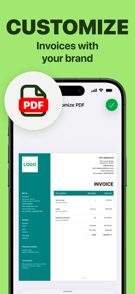Invoice.app: Receipt Generator - A smartphone screen showing a professional PDF invoice template with custom branding and logo options