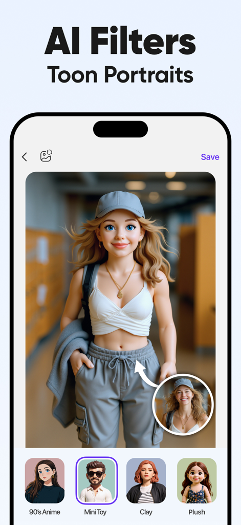 인물 사진을 스타일화된 미니 장난감 만화 캐릭터로 변환하는 AI 필터를 보여주는 Unblur 앱 인터페이스
