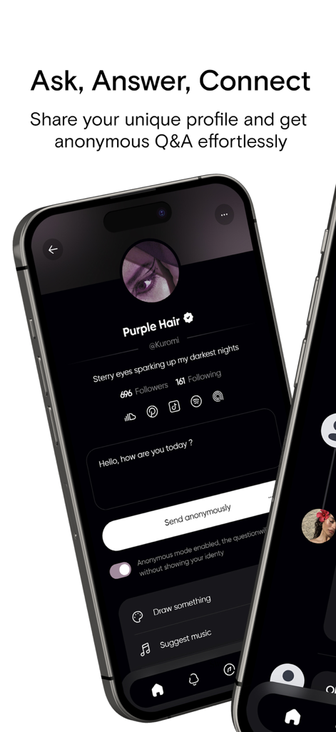User profile screen on the ONVO app with anonymous question box and music recommendation options