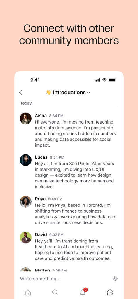 TripleTen Hub - Un feed de chat comunitario en la aplicación TripleTen Hub donde los estudiantes comparten sus objetivos de transición profesional.