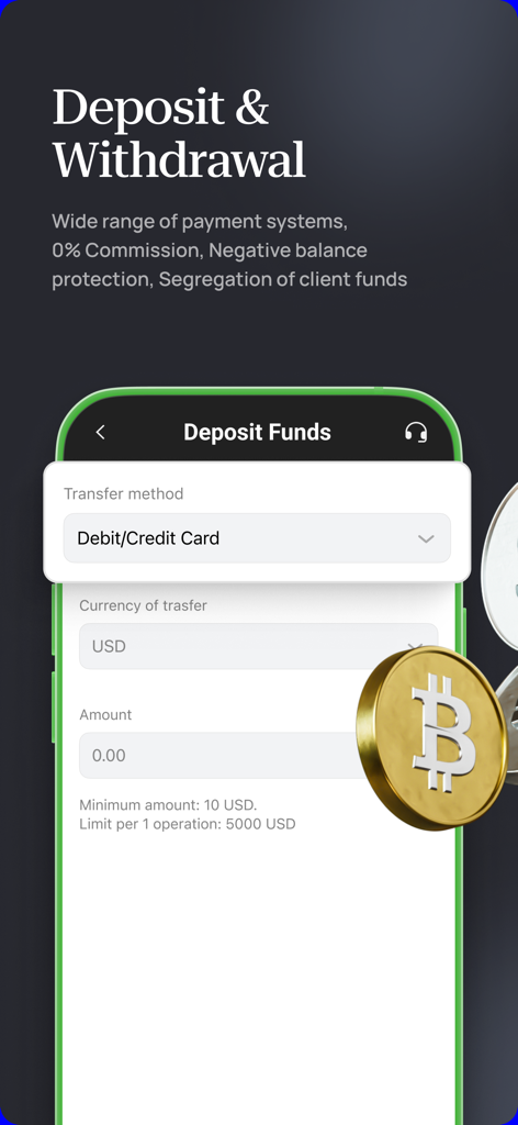 Pantalla de opciones de depósito de fondos de Broker xChief mostrando métodos de pago y selección de divisa