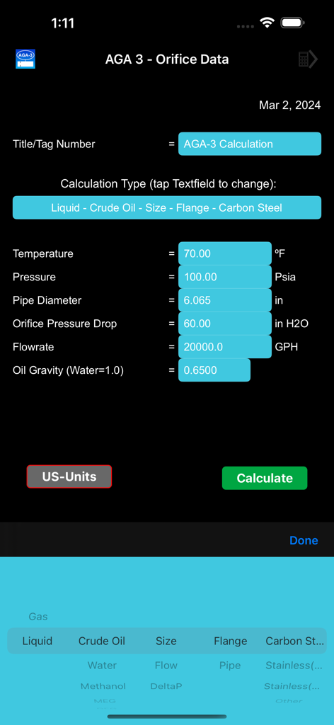 AGA-3 Orifice app screen showing calculation parameters for crude oil flow measurement