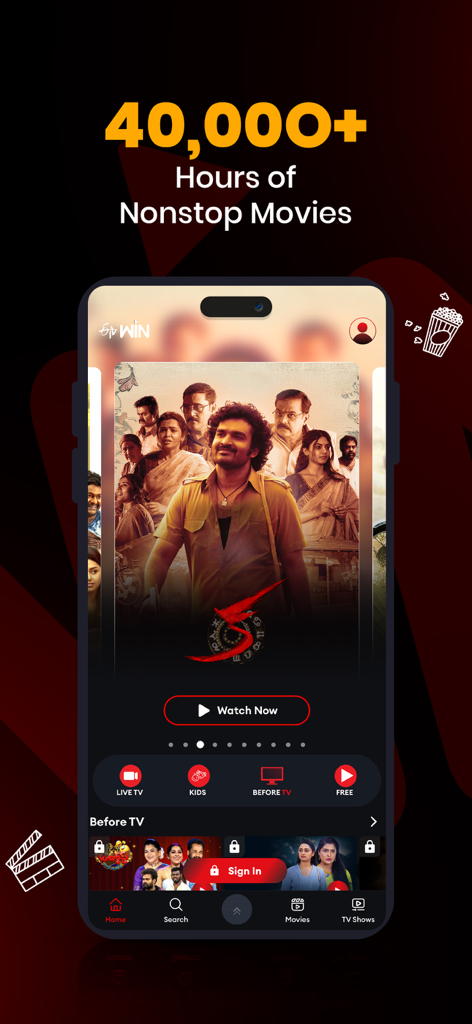 ETV Win - ETV Win 앱 인터페이스, 40,000시간 이상의 논스톱 텔루구 영화 및 스트리밍 콘텐츠 표시