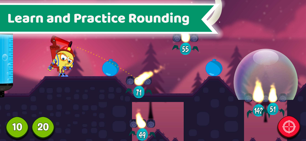 Math Rescue: 7－9 Year Old Game - A cartoon firefighter character in Math Rescue practicing rounding skills by shooting water at numbered flames