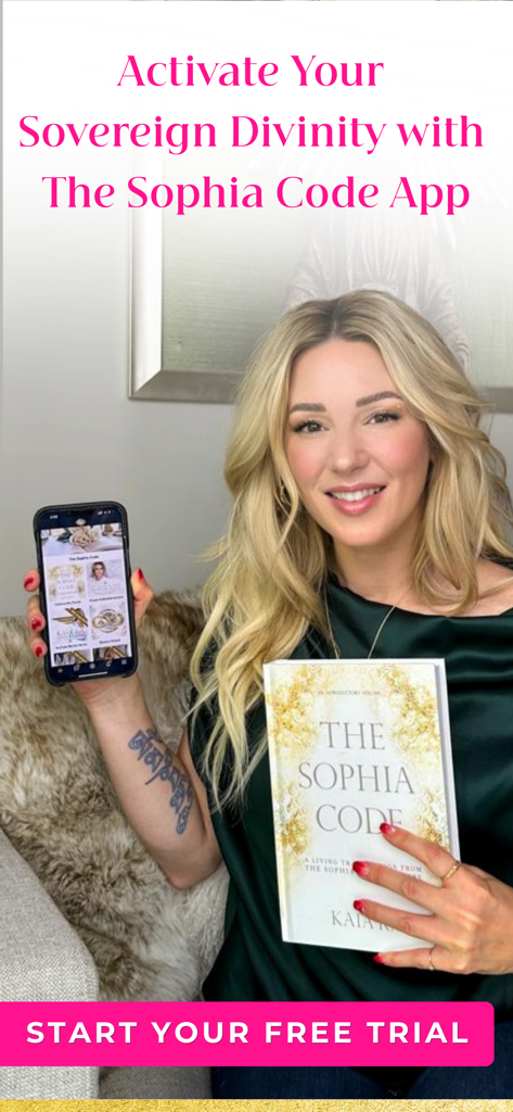 The Sophia Code - Kaia Ra holding The Sophia Code book and a smartphone displaying the mobile app interface