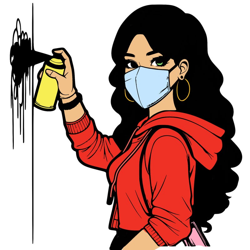 realistic girl with mask spray painting a wall