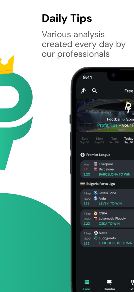ProfitTips - Football Tips - Interfaz de la aplicación ProfitTips que muestra predicciones y análisis diarios de partidos de fútbol