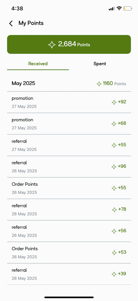 MSME by G3G - Loyalty points history screen in the MSME by G3G app showing earned rewards from referrals and orders.