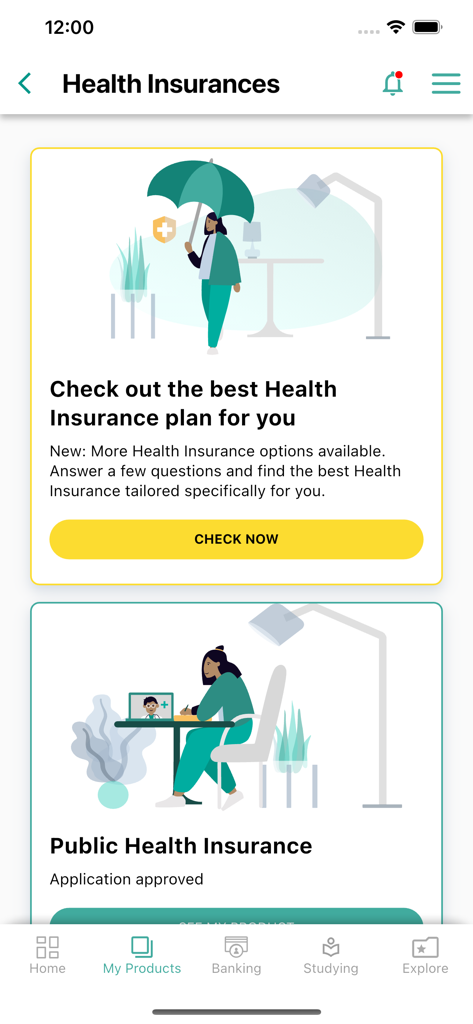 Expatrio - Study in Germany - Expatrio mobile app interface showing health insurance options and application status for moving to Germany.