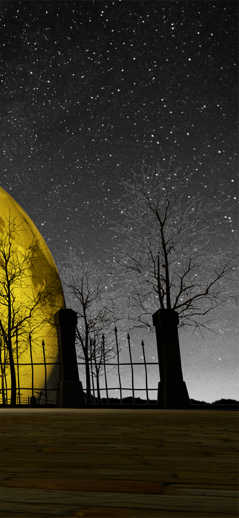 A large yellow moon and starry sky behind silhouettes of bare trees and a spiked fence.