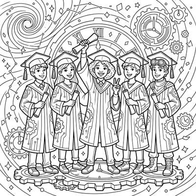 Embark on a coloring journey with these exceptional time-traveling graduates! This unique page beautifully merges classic graduation joy with futuristic designs, offering a truly original celebration.