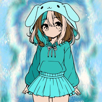 pretty anime girl wearing a fluffy hoodie with bunny ears on the hood and a skirt