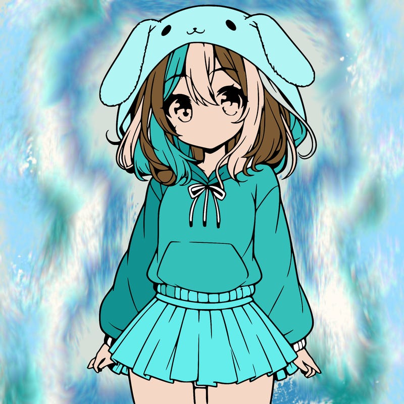 pretty anime girl wearing a fluffy hoodie with bunny ears on the hood and a skirt