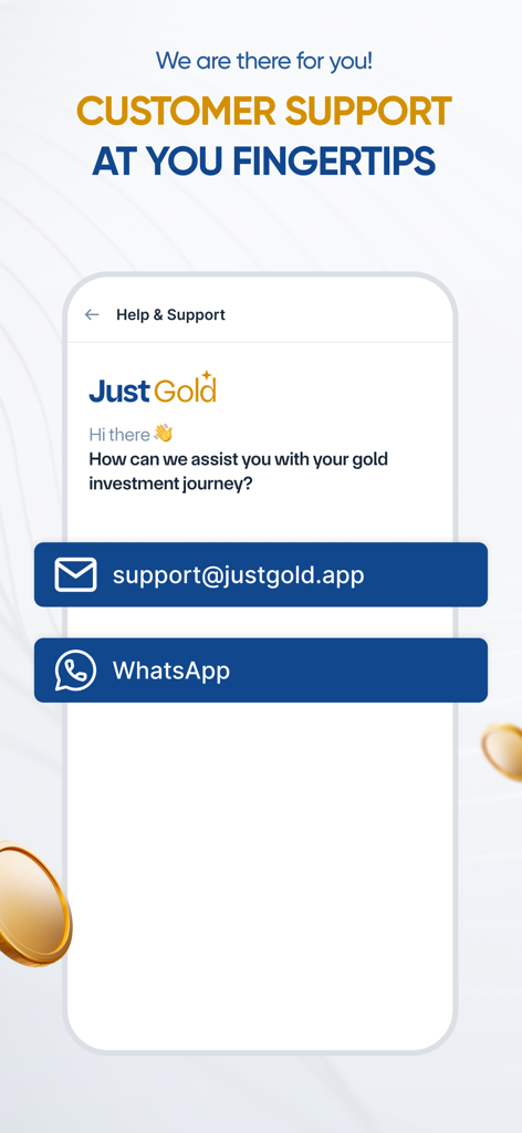 Just Gold app help and support screen showing email and WhatsApp contact options
