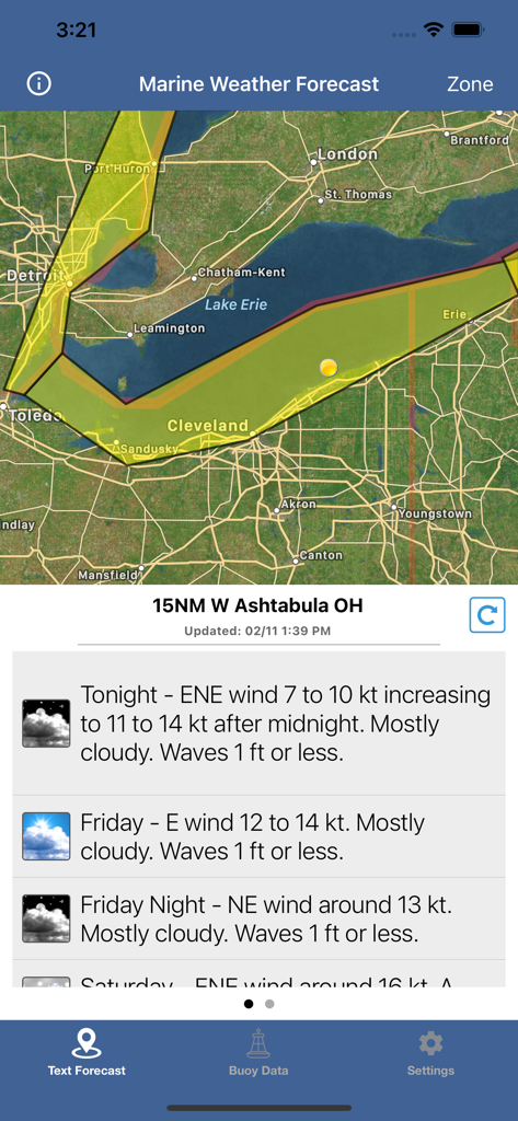 Marine weather forecast and map showing conditions for Lake Erie near Ashtabula Ohio in the app