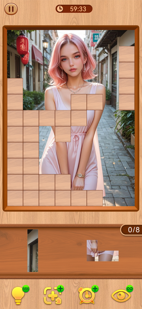 Captura de pantalla del juego de Block Jigsaw Girl con un rompecabezas de bloques que se resuelve para revelar una imagen HD de una chica de pelo rosa.