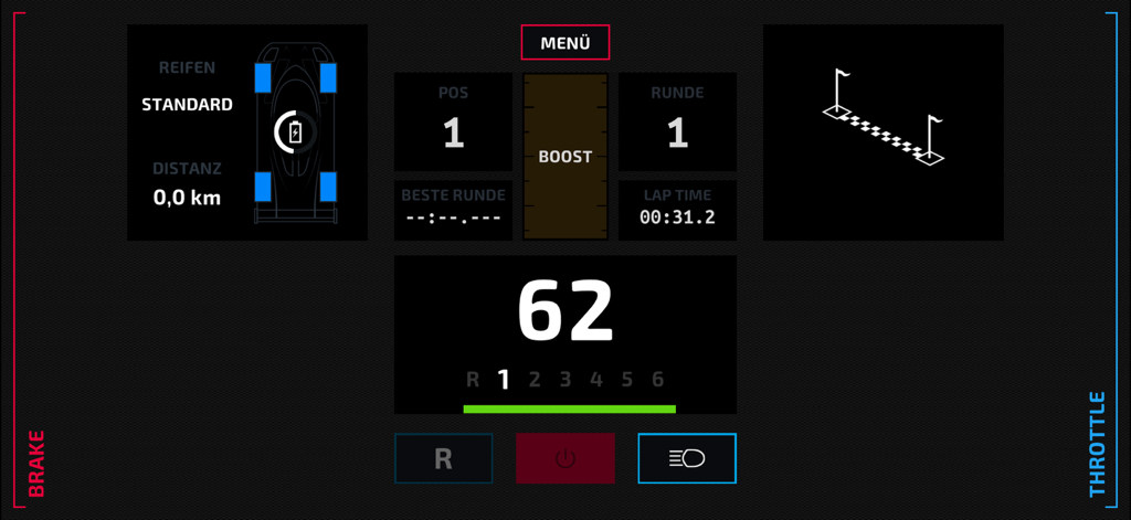 Carrera - HYBRID - Digital racing dashboard of the Carrera Hybrid app showing speed position and car telemetry