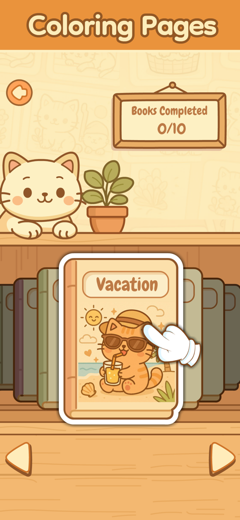 Oberfläche der Cozy Cat App, die ein Bücherregal mit einem Urlaubsmotiv-Malbuch zeigt, das von einem Hand-Symbol ausgewählt wurde.