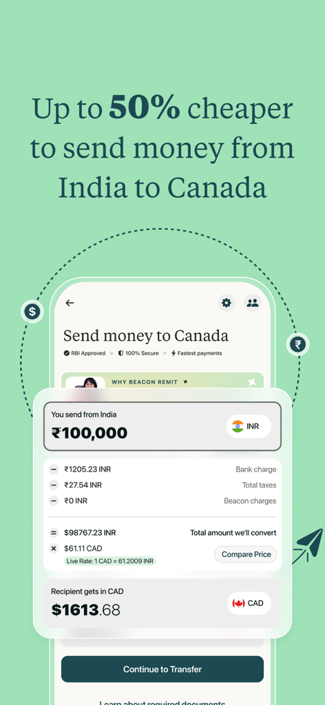 My Beacon - My Beacon mobile app screen demonstrating a currency conversion from Indian Rupees to Canadian Dollars with low fees.