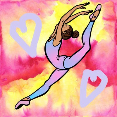 gymnast doing a leap in a leotard with a bent back leg