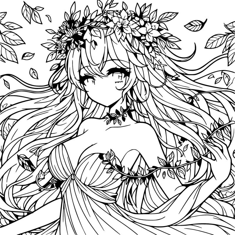 anime beautiful goddess of earth, with long hair, covered in vines, surrounded by nature