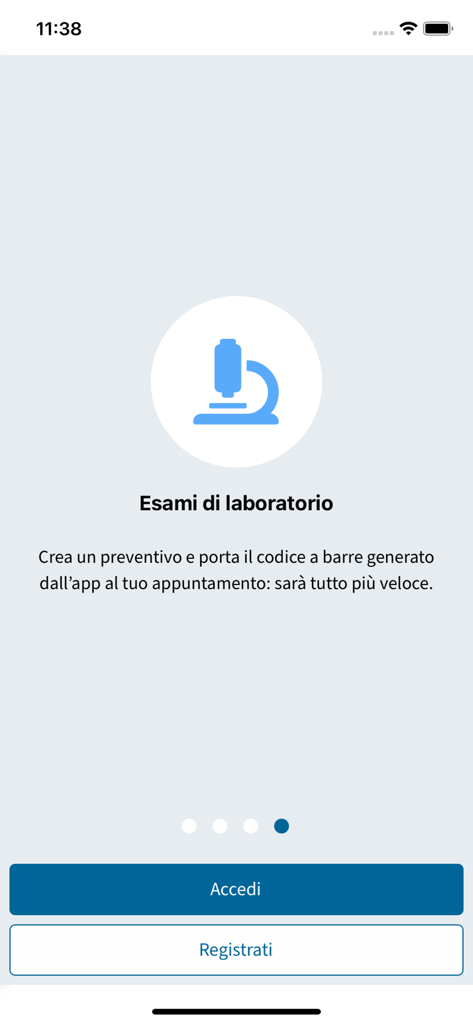 My Santagostino - My Santagostino app onboarding screen for laboratory exams featuring a microscope icon and login buttons