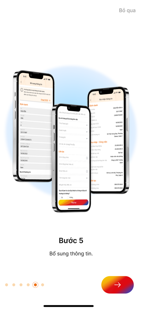 Three iPhones displaying the HPO app interface for entering personal contact and income details during step 5 of the verification process